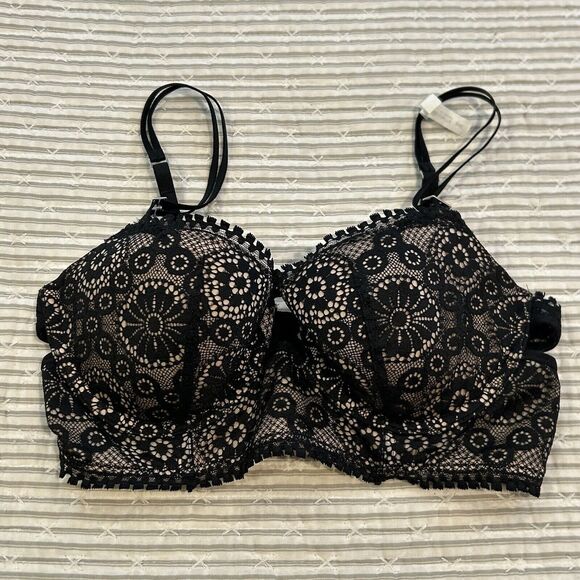 Aerie Plunge Underwire Lace Bra Size 34 C Black - Nude With Black Lace Overlay - Picture 1 of 8